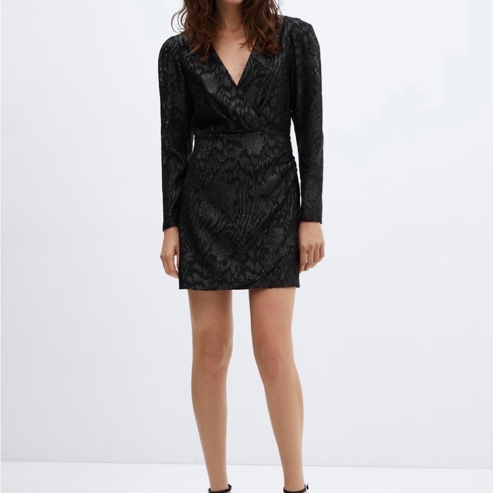 Mango MNG Mini Dress Women Size 6 Black Excellent Metallic‎ Jacquard Wrap V-Neck